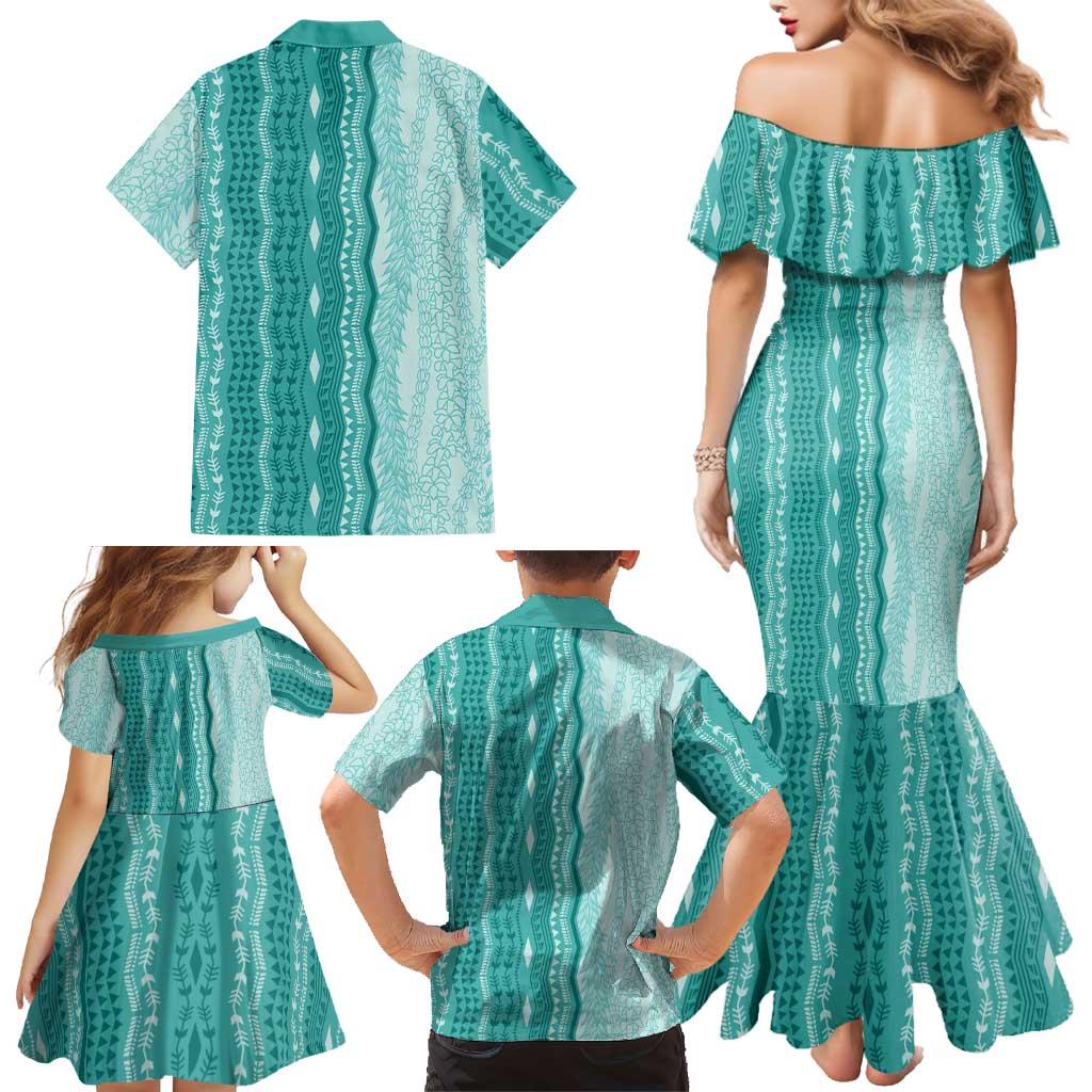 Vintage Teal Hawaiian Traditional Kapa Mix Flowers Lei Family Matching Mermaid Dress and Hawaiian Shirt LT7 - Polynesian Pride