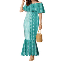 Vintage Teal Hawaiian Traditional Kapa Mix Flowers Lei Family Matching Mermaid Dress and Hawaiian Shirt LT7 Mom's Dress Teal - Polynesian Pride
