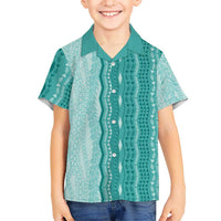 Vintage Teal Hawaiian Traditional Kapa Mix Flowers Lei Family Matching Mermaid Dress and Hawaiian Shirt LT7 Son's Shirt Teal - Polynesian Pride