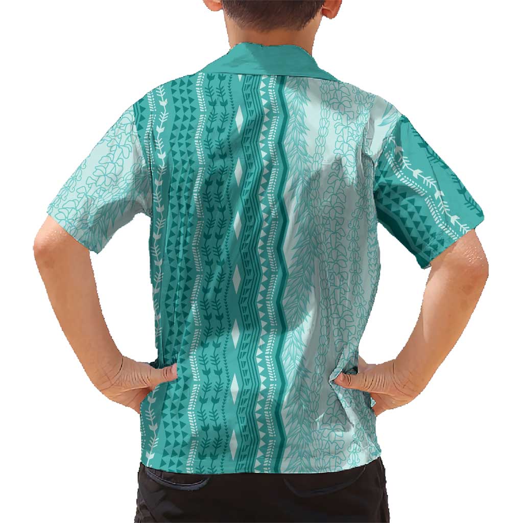 Vintage Teal Hawaiian Traditional Kapa Mix Flowers Lei Family Matching Off The Shoulder Long Sleeve Dress and Hawaiian Shirt LT7 - Polynesian Pride