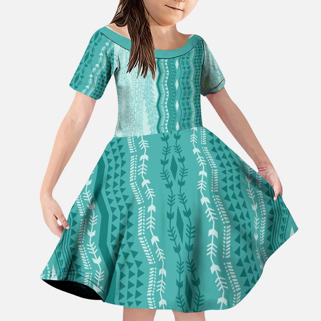 Vintage Teal Hawaiian Traditional Kapa Mix Flowers Lei Family Matching Off The Shoulder Long Sleeve Dress and Hawaiian Shirt LT7 Daughter's Dress Teal - Polynesian Pride