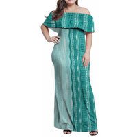 Vintage Teal Hawaiian Traditional Kapa Mix Flowers Lei Family Matching Off Shoulder Maxi Dress and Hawaiian Shirt LT7 Mom's Dress Teal - Polynesian Pride