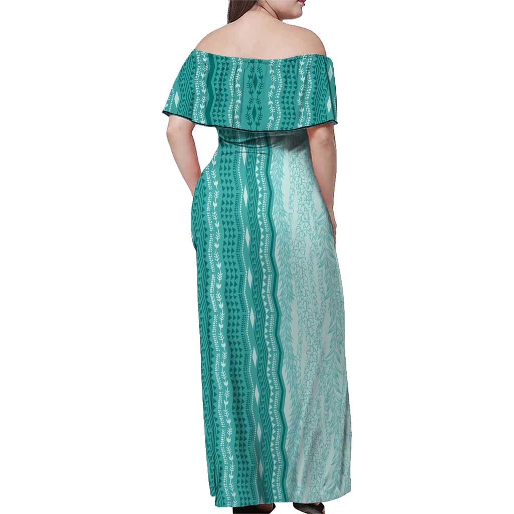 Vintage Teal Hawaiian Traditional Kapa Mix Flowers Lei Family Matching Off Shoulder Maxi Dress and Hawaiian Shirt LT7 - Polynesian Pride
