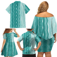 Vintage Teal Hawaiian Traditional Kapa Mix Flowers Lei Family Matching Off Shoulder Short Dress and Hawaiian Shirt LT7 - Polynesian Pride