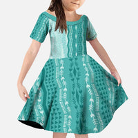 Vintage Teal Hawaiian Traditional Kapa Mix Flowers Lei Family Matching Puletasi and Hawaiian Shirt LT7 Daughter's Dress Teal - Polynesian Pride