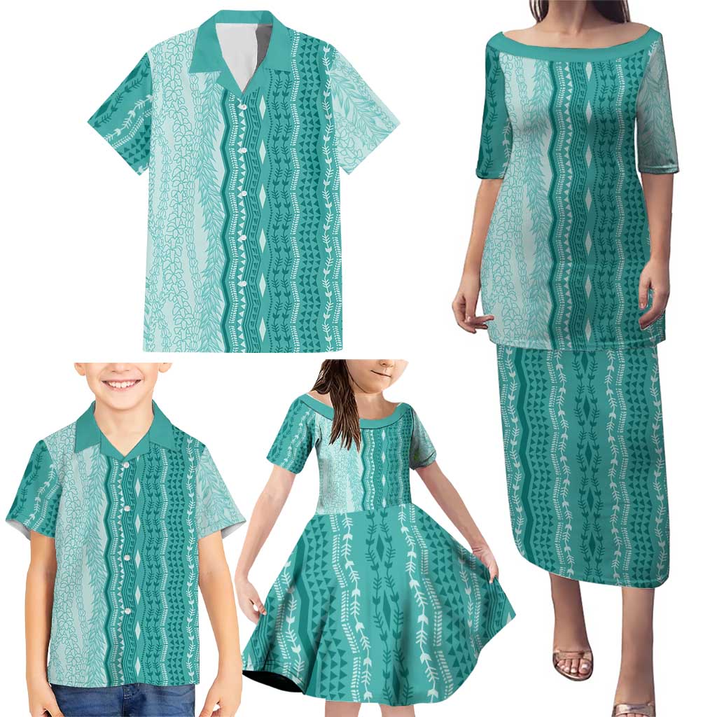 Vintage Teal Hawaiian Traditional Kapa Mix Flowers Lei Family Matching Puletasi and Hawaiian Shirt LT7 - Polynesian Pride