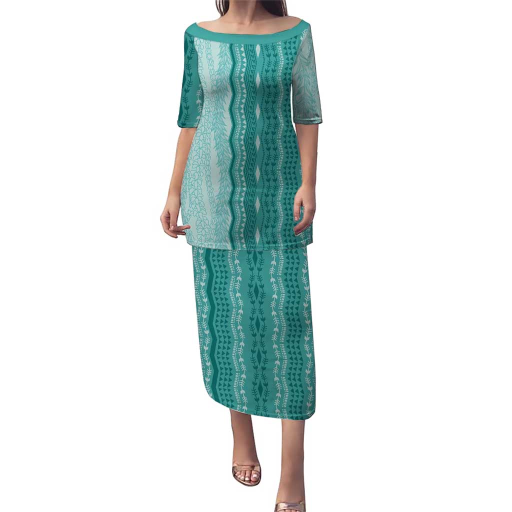 Vintage Teal Hawaiian Traditional Kapa Mix Flowers Lei Family Matching Puletasi and Hawaiian Shirt LT7 Mom's Dress Teal - Polynesian Pride