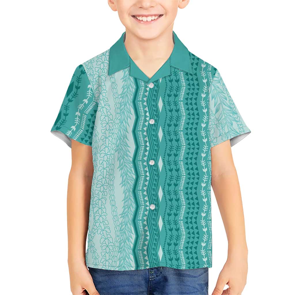 Vintage Teal Hawaiian Traditional Kapa Mix Flowers Lei Family Matching Puletasi and Hawaiian Shirt LT7 Son's Shirt Teal - Polynesian Pride