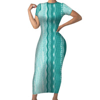 Vintage Teal Hawaiian Traditional Kapa Mix Flowers Lei Family Matching Short Sleeve Bodycon Dress and Hawaiian Shirt LT7 Mom's Dress Teal - Polynesian Pride
