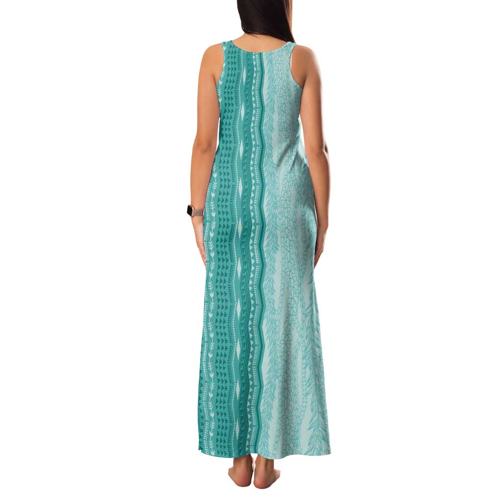 Vintage Teal Hawaiian Traditional Kapa Mix Flowers Lei Family Matching Tank Maxi Dress and Hawaiian Shirt LT7 - Polynesian Pride