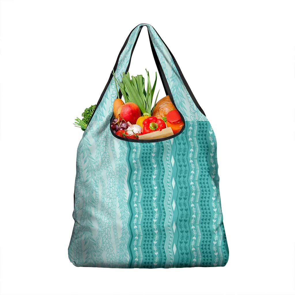 Vintage Teal Hawaiian Traditional Kapa Mix Flowers Lei Grocery Bag
