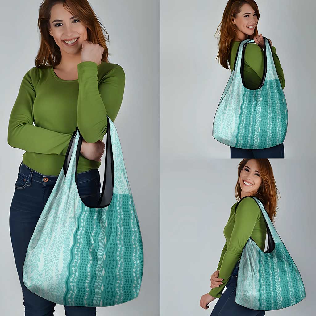 Vintage Teal Hawaiian Traditional Kapa Mix Flowers Lei Grocery Bag