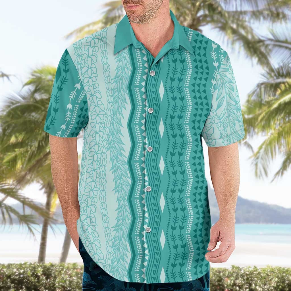 Vintage Teal Hawaiian Traditional Kapa Mix Flowers Lei Hawaiian Shirt