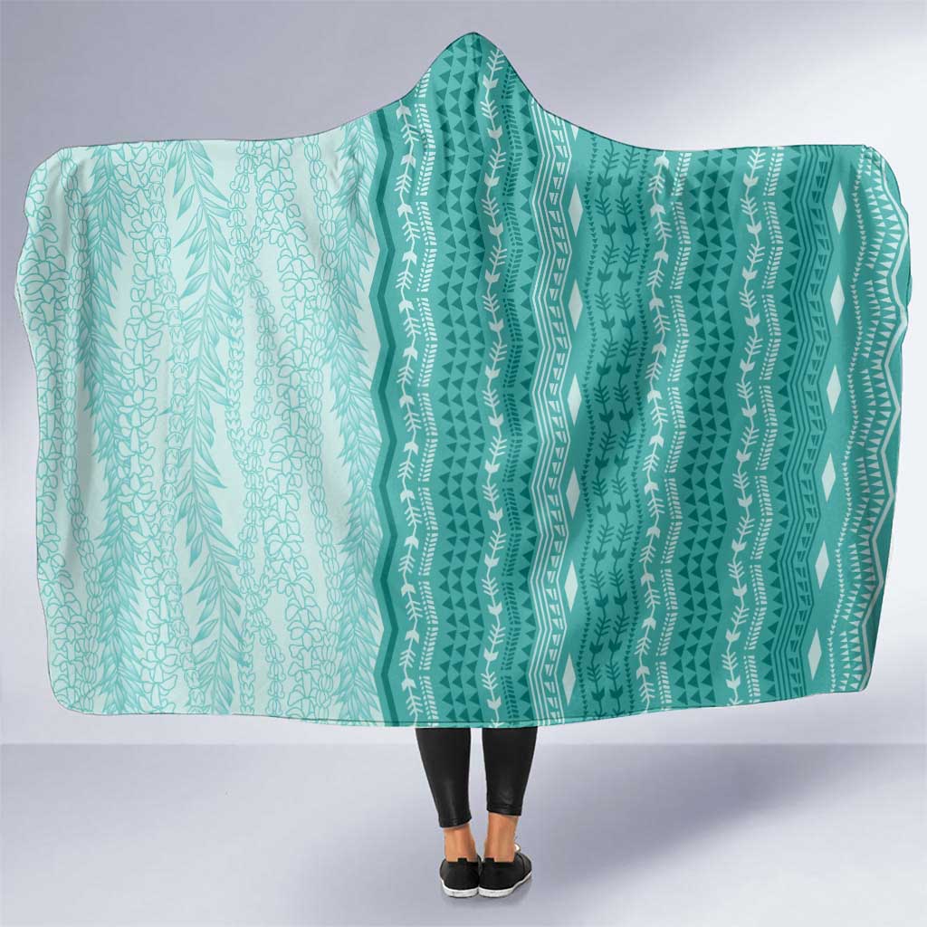 Vintage Teal Hawaiian Traditional Kapa Mix Flowers Lei Hooded Blanket