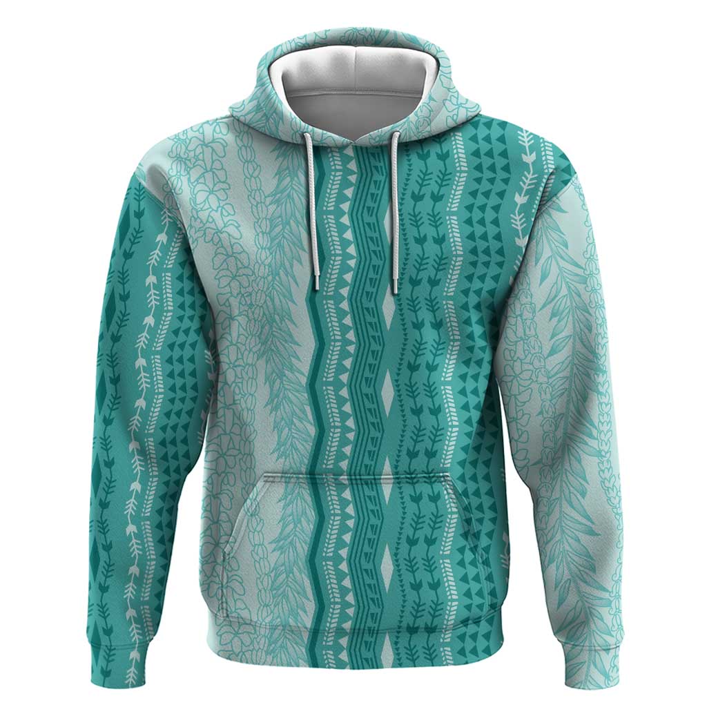 Vintage Teal Hawaiian Traditional Kapa Mix Flowers Lei Hoodie