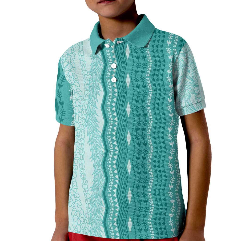 Vintage Teal Hawaiian Traditional Kapa Mix Flowers Lei Kid Polo Shirt