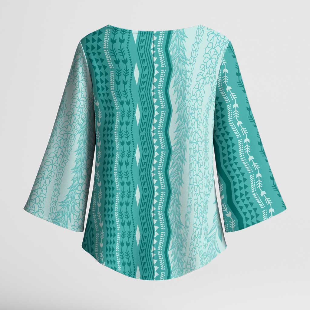 Vintage Teal Hawaiian Traditional Kapa Mix Flowers Lei Kimono Sleeve Blouse