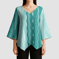Vintage Teal Hawaiian Traditional Kapa Mix Flowers Lei Kimono Sleeve Blouse