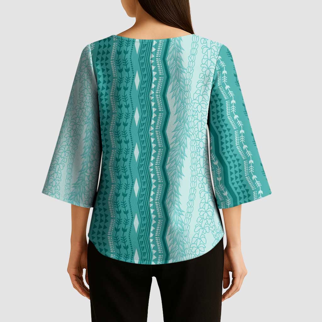 Vintage Teal Hawaiian Traditional Kapa Mix Flowers Lei Kimono Sleeve Blouse