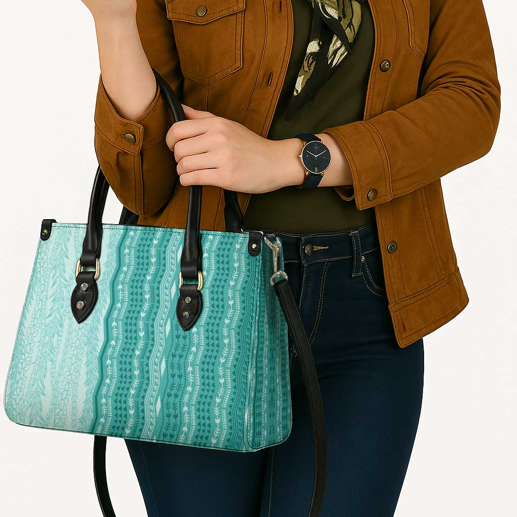 Vintage Teal Hawaiian Traditional Kapa Mix Flowers Lei Leather Bag