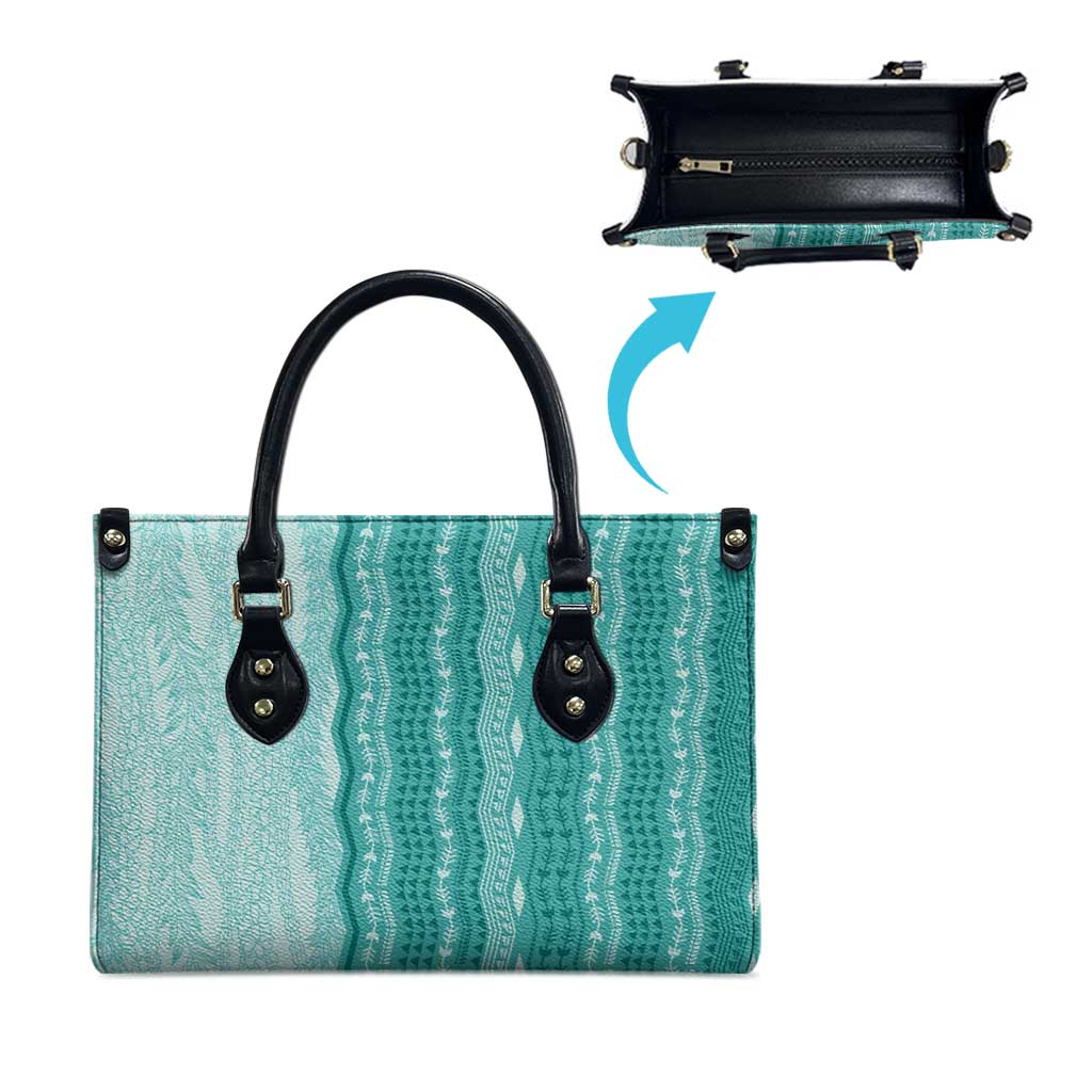 Vintage Teal Hawaiian Traditional Kapa Mix Flowers Lei Leather Bag