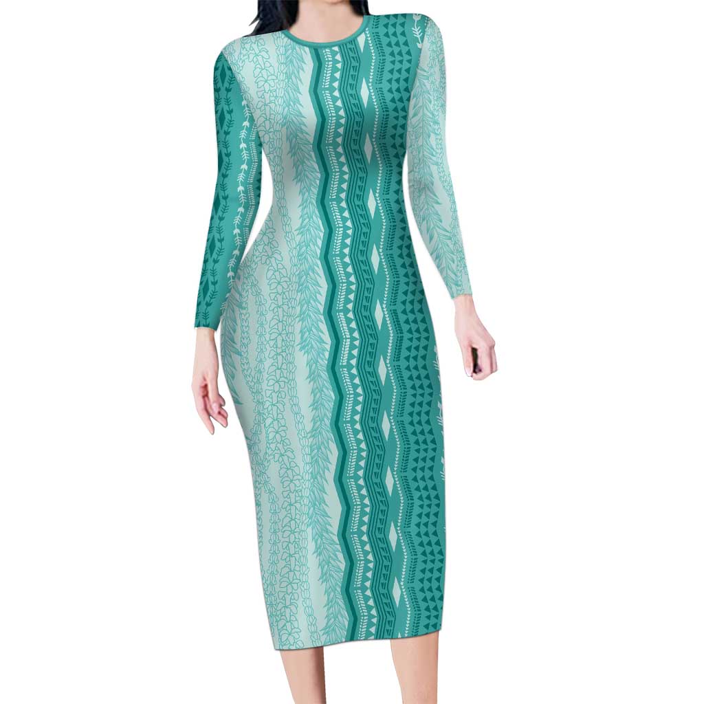 Vintage Teal Hawaiian Traditional Kapa Mix Flowers Lei Long Sleeve Bodycon Dress