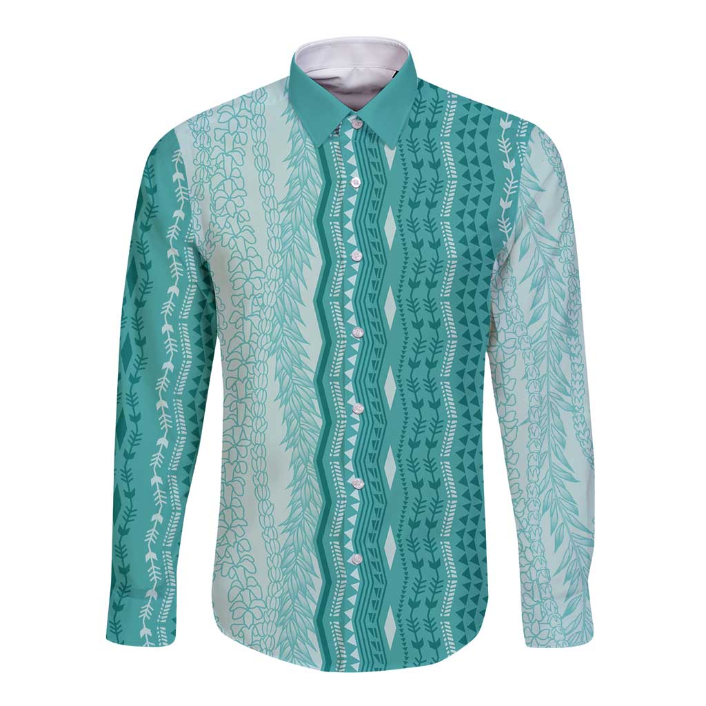 Vintage Teal Hawaiian Traditional Kapa Mix Flowers Lei Long Sleeve Button Shirt