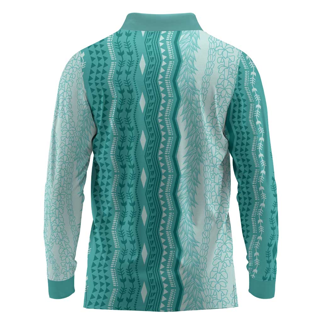 Vintage Teal Hawaiian Traditional Kapa Mix Flowers Lei Long Sleeve Polo Shirt