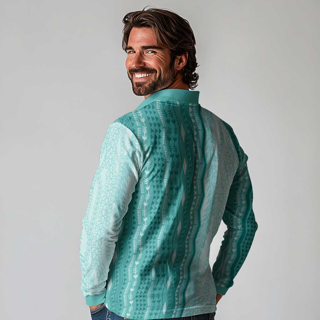 Vintage Teal Hawaiian Traditional Kapa Mix Flowers Lei Long Sleeve Polo Shirt
