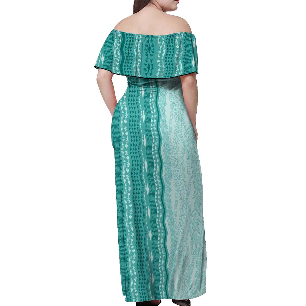 Vintage Teal Hawaiian Traditional Kapa Mix Flowers Lei Off Shoulder Maxi Dress
