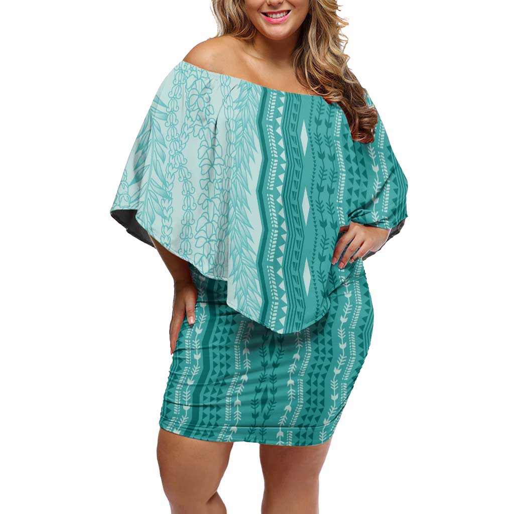 Vintage Teal Hawaiian Traditional Kapa Mix Flowers Lei Off Shoulder Short Dress