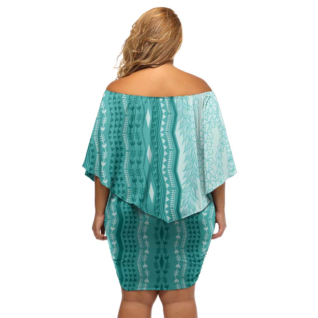 Vintage Teal Hawaiian Traditional Kapa Mix Flowers Lei Off Shoulder Short Dress