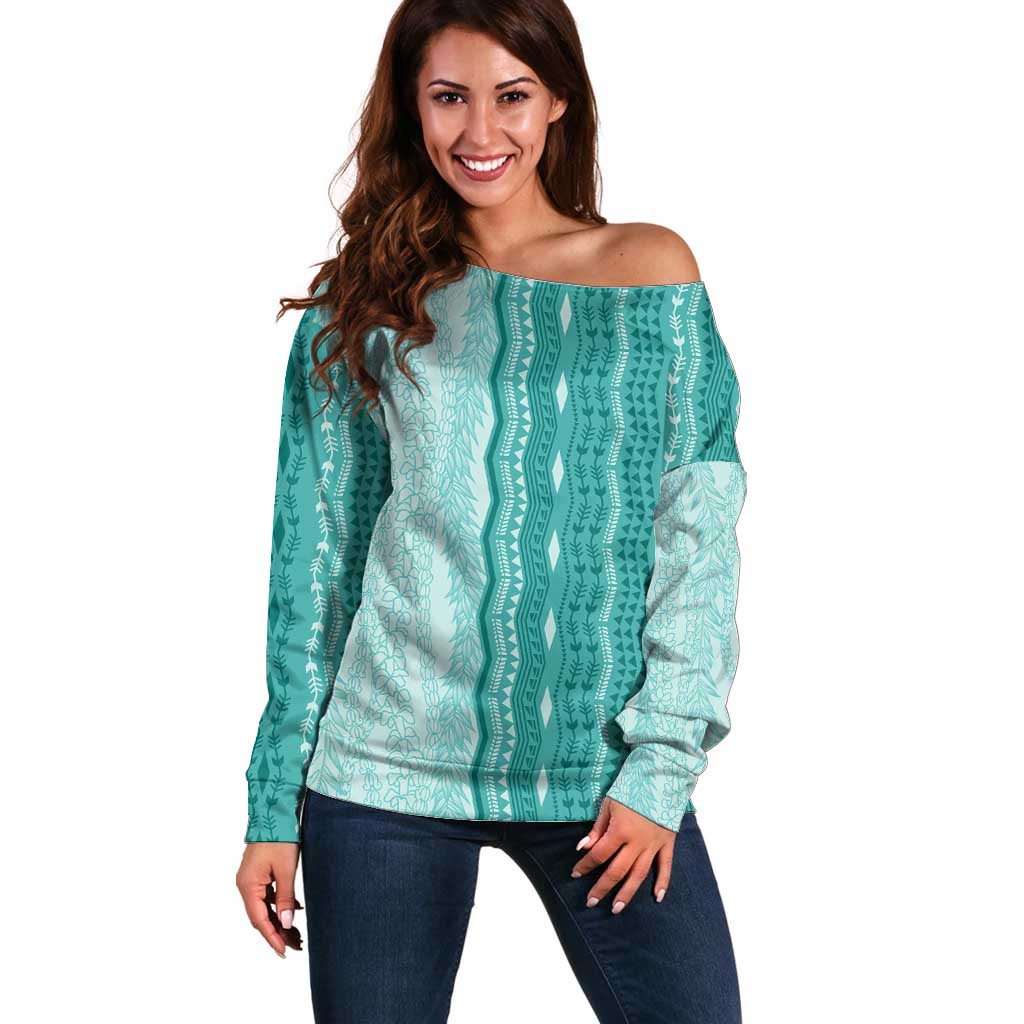 Vintage Teal Hawaiian Traditional Kapa Mix Flowers Lei Off Shoulder Sweater