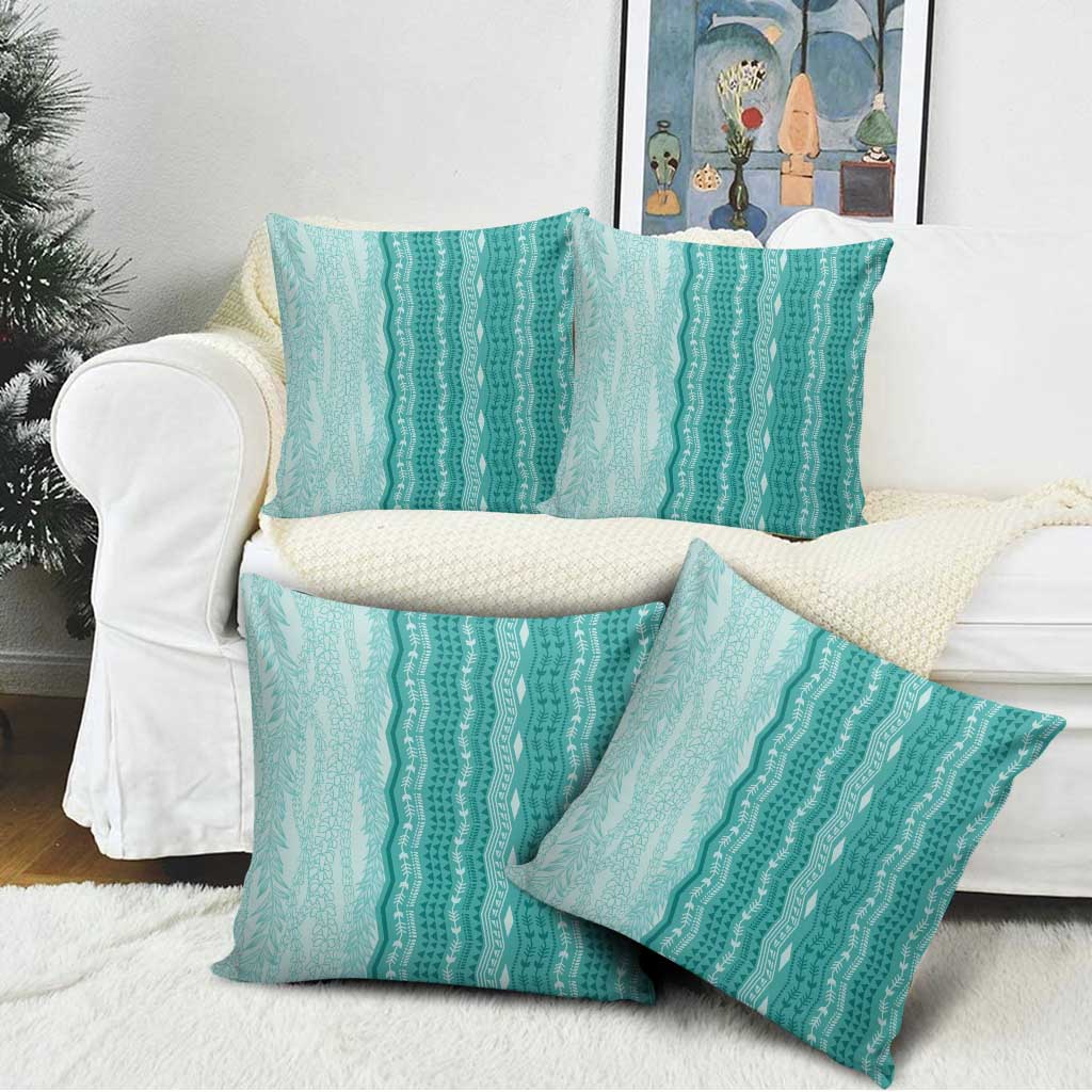 Vintage Teal Hawaiian Traditional Kapa Mix Flowers Lei Pillow Cover