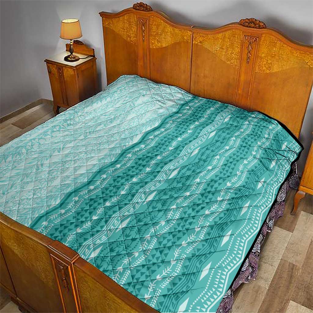 Vintage Teal Hawaiian Traditional Kapa Mix Flowers Lei Quilt