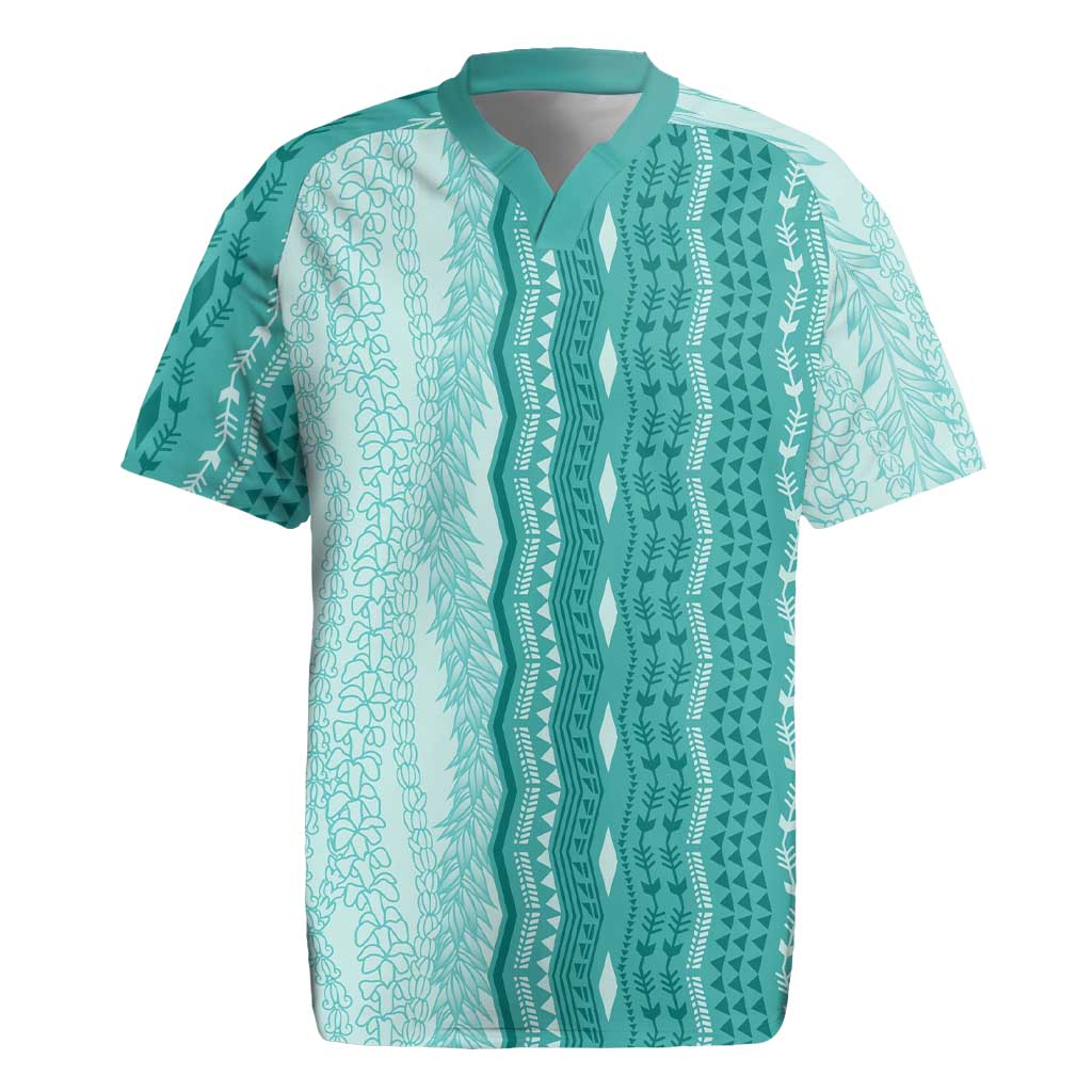 Vintage Teal Hawaiian Traditional Kapa Mix Flowers Lei Rugby Jersey