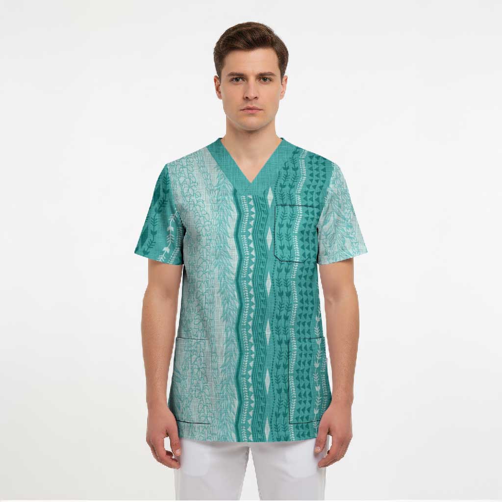 Vintage Teal Hawaiian Traditional Kapa Mix Flowers Lei Scrub Top