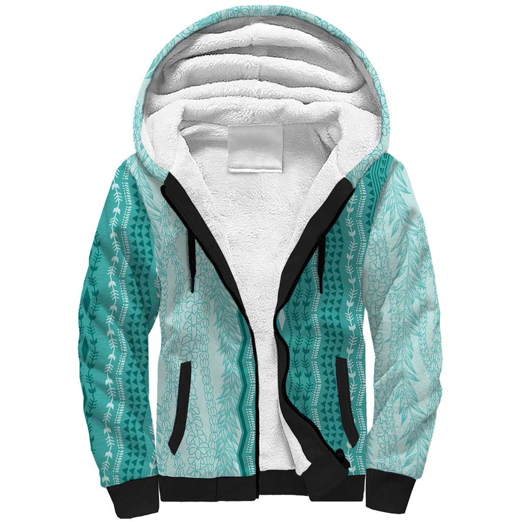 Vintage Teal Hawaiian Traditional Kapa Mix Flowers Lei Sherpa Hoodie