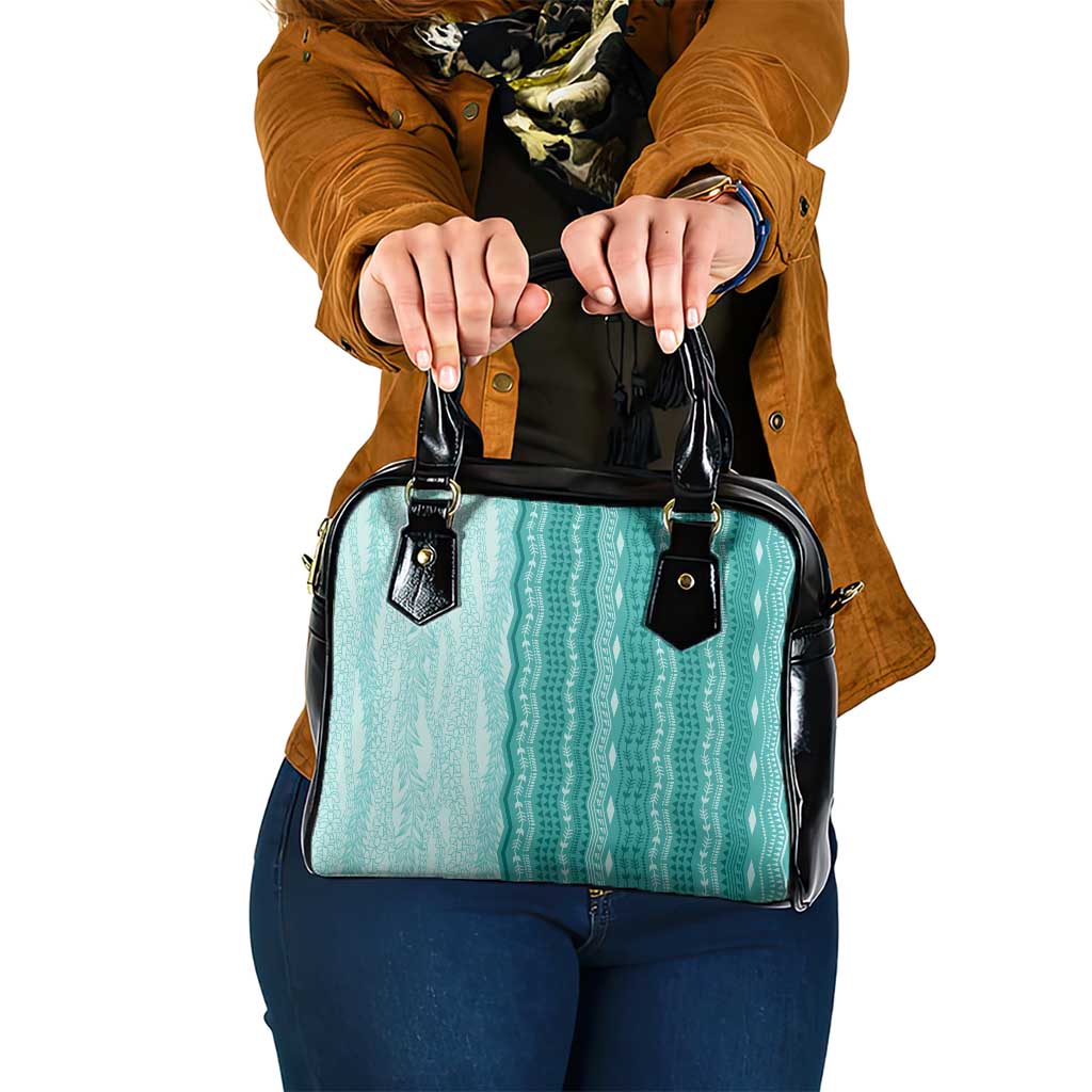 Vintage Teal Hawaiian Traditional Kapa Mix Flowers Lei Shoulder Handbag
