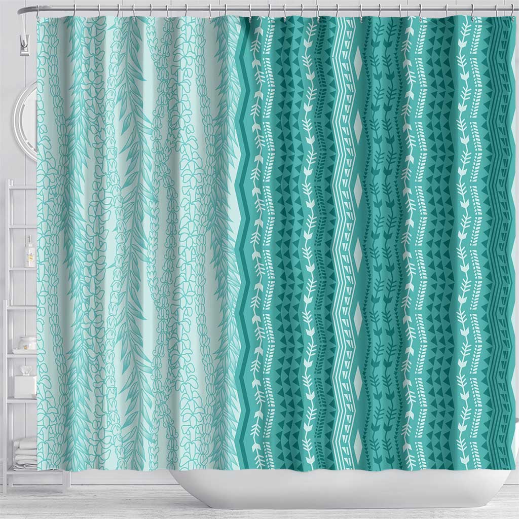 Vintage Teal Hawaiian Traditional Kapa Mix Flowers Lei Shower Curtain
