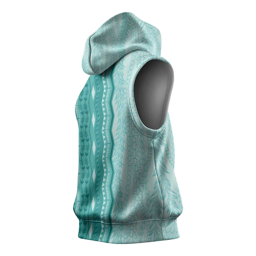 Vintage Teal Hawaiian Traditional Kapa Mix Flowers Lei Sleeveless Hoodie