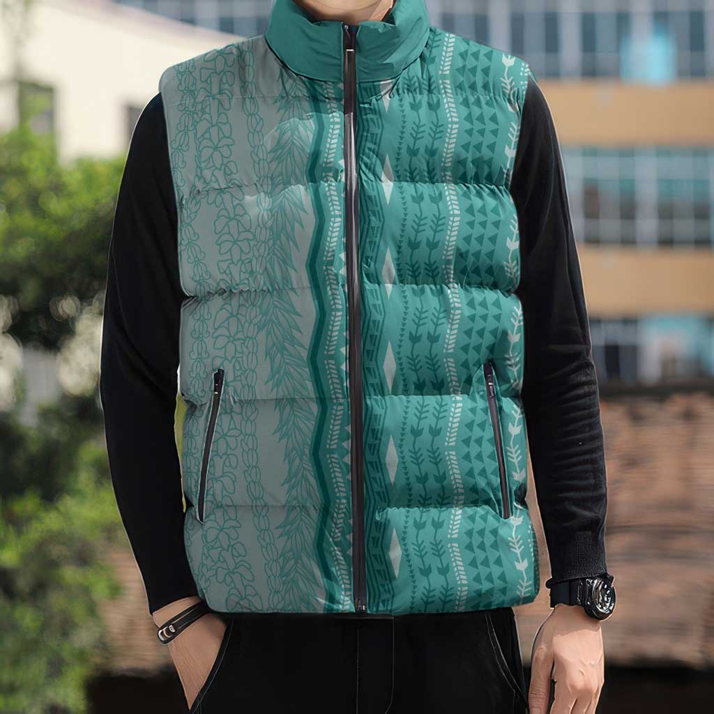 Vintage Teal Hawaiian Traditional Kapa Mix Flowers Lei Sleeveless Puffer Jacket