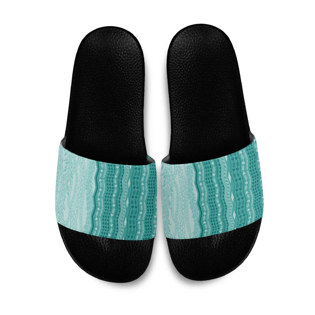 Vintage Teal Hawaiian Traditional Kapa Mix Flowers Lei Slide Sandals