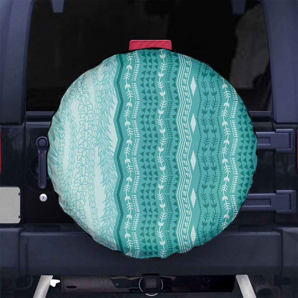 Vintage Teal Hawaiian Traditional Kapa Mix Flowers Lei Spare Tire Cover