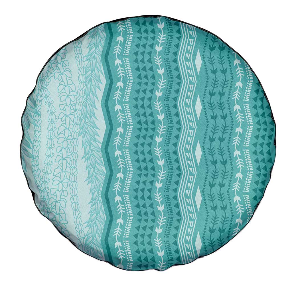 Vintage Teal Hawaiian Traditional Kapa Mix Flowers Lei Spare Tire Cover