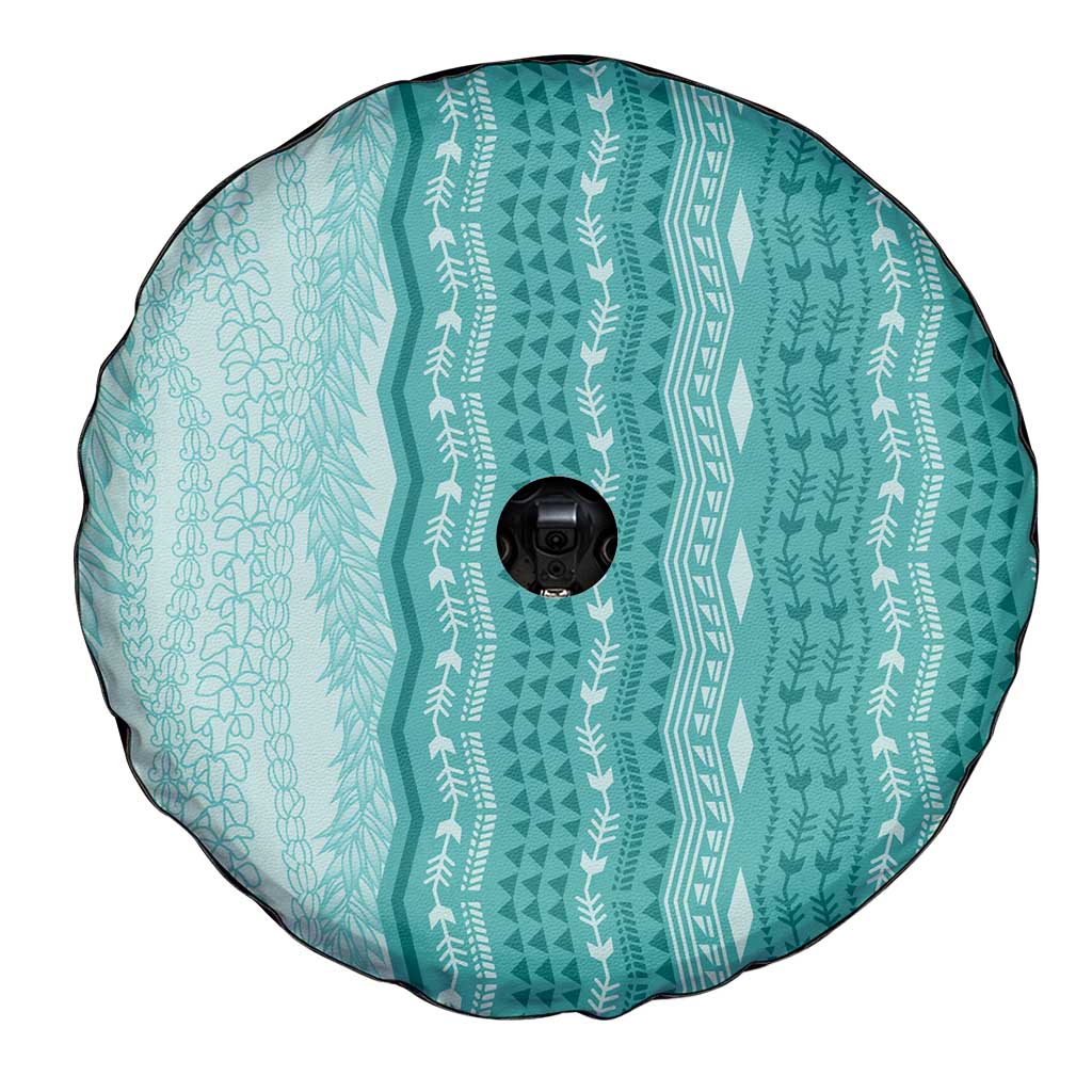 Vintage Teal Hawaiian Traditional Kapa Mix Flowers Lei Spare Tire Cover