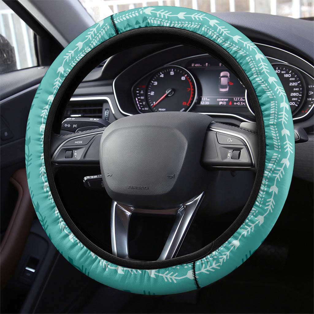 Vintage Teal Hawaiian Traditional Kapa Mix Flowers Lei Steering Wheel Cover