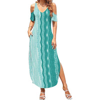 Vintage Teal Hawaiian Traditional Kapa Mix Flowers Lei Summer Maxi Dress