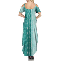Vintage Teal Hawaiian Traditional Kapa Mix Flowers Lei Summer Maxi Dress