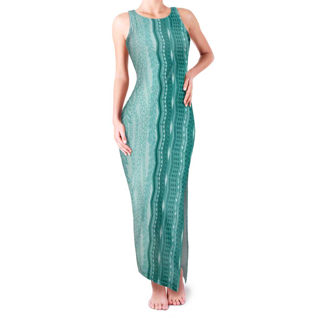 Vintage Teal Hawaiian Traditional Kapa Mix Flowers Lei Tank Maxi Dress